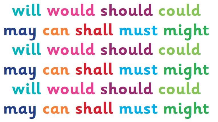 روی صفحه‌ای سفید افعال مُدال انگلیسی نوشته شده است