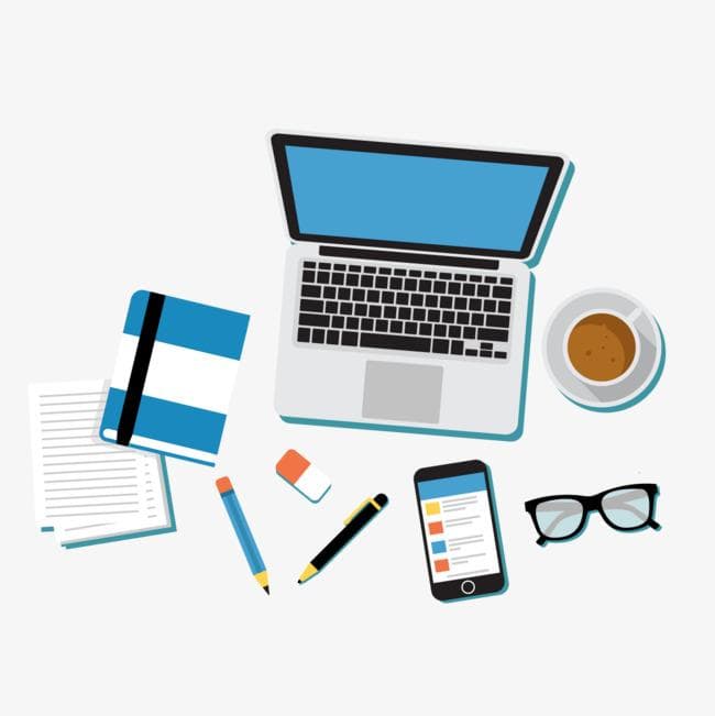 تصویری کارتونی از لپ‌تاپ، گوشی، عینک، دفتر، فنجان قهوه و غیره روی میز