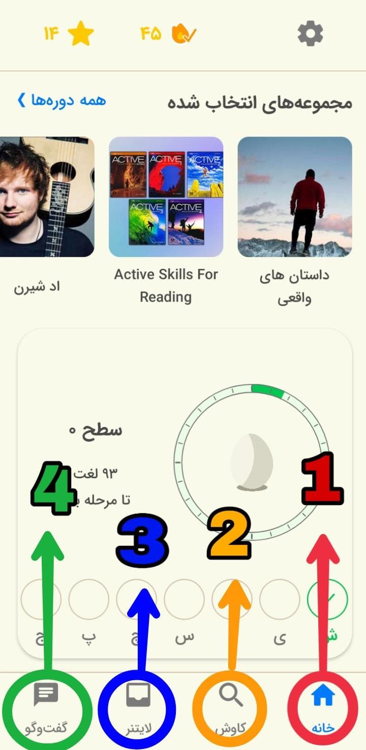 تصویری از بخش‌های مختلف اپلیکیشن زبان‌شناس