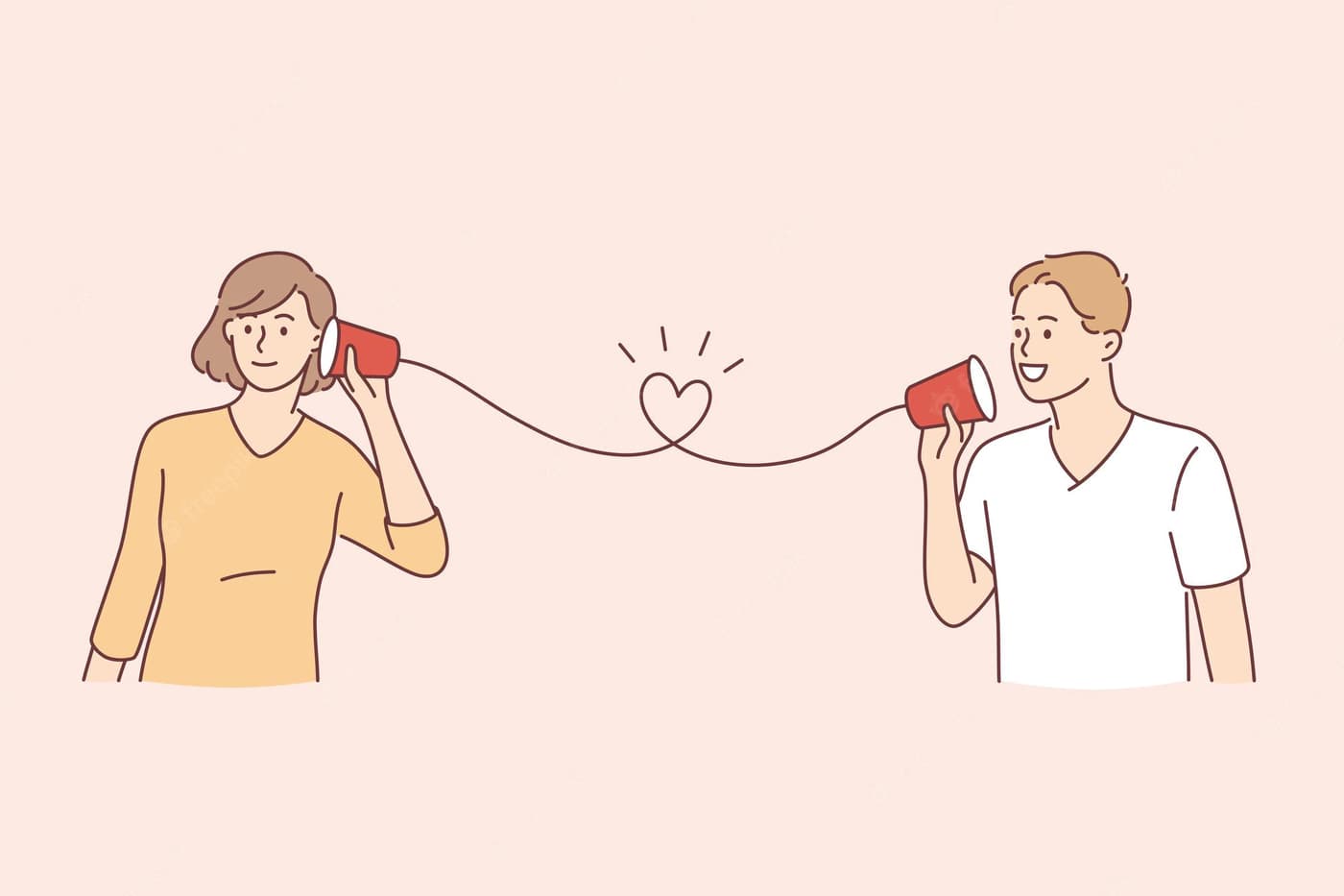 تصویری کارتونی از زن و مردی که با یک تلفن کاردستی با هم صحبت می‌کنند.