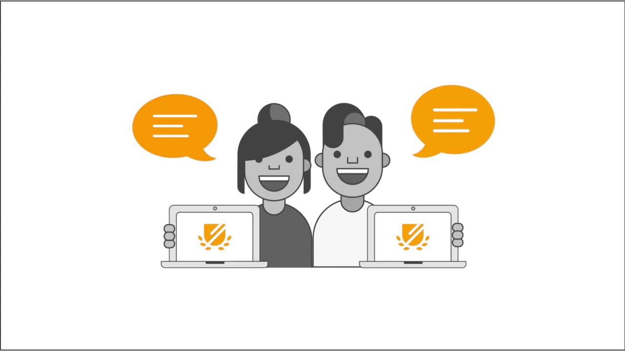 تصویر کارتونی از دختر و پسری که روی لپ‌تاپ خود لوگو آزمون دولینگو را دارند.