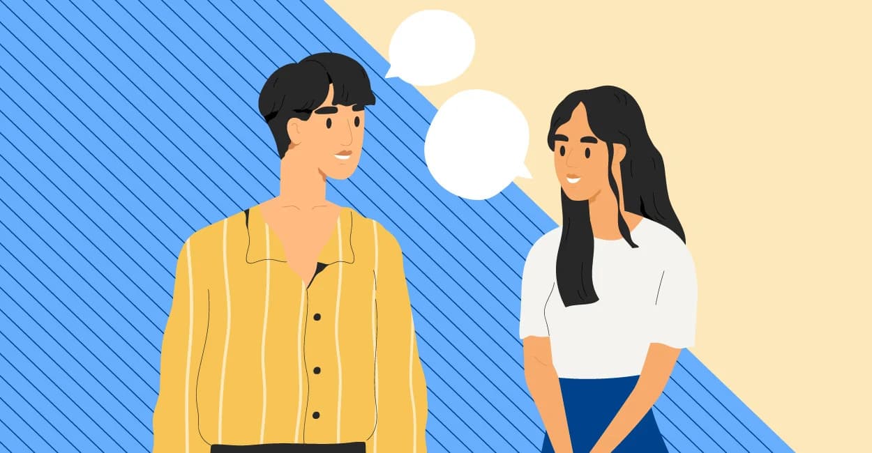 تصویری کارتونی از یک زن و مرد جوان که با هم مکالمه دارند.