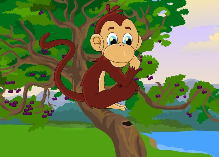 تصویری کارتونی از میمونی که روی شاخه درختی نشسته است