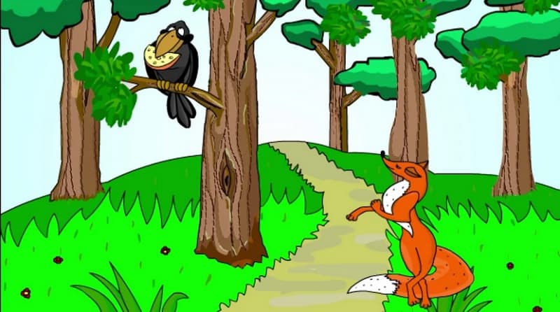 تصویری کارتونی از داستان روباه و کلاغ