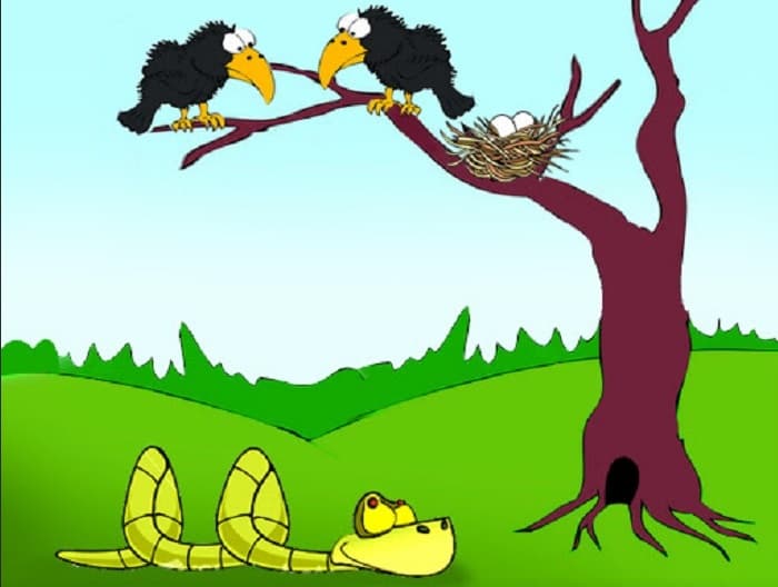 تصویر کارتونی از دو ملاغ بر بالای درختی که پایین آن مار است