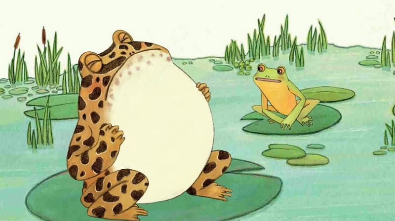 تصویری کارتونی از یک قورباغه بزرگ و کوچک روی یک برکه