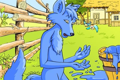 تصویری کارتونی از شغالی به رنگ آبی که داخل یک مزرعه ایستاده است