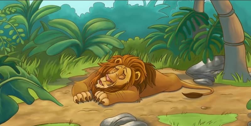 تصویری کارتونی از شیری که وسط جنگل خوابیده است