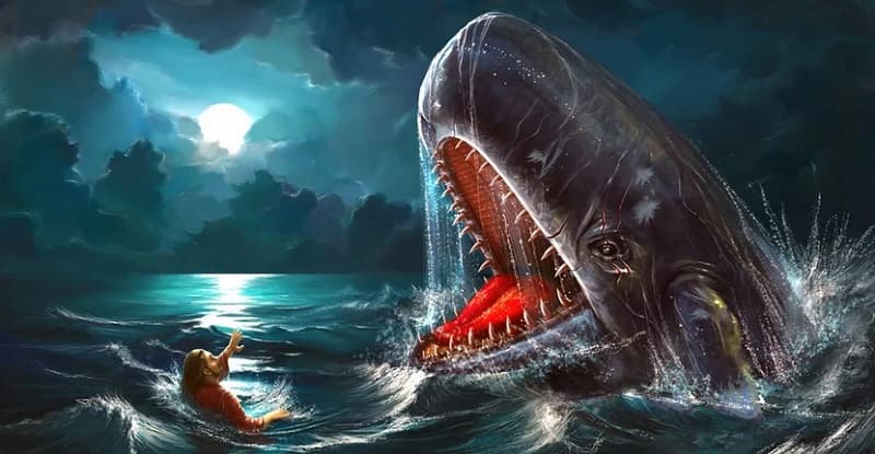 نقاشی از یک نهنگ و یک مرد در سیاهی شب دریا