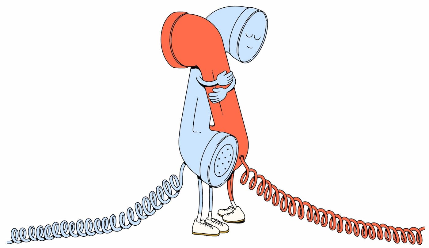 تصویری کارتونی از دو گوشی تلفن با سیم که یک‌دیگر را بغل کرده‌اند