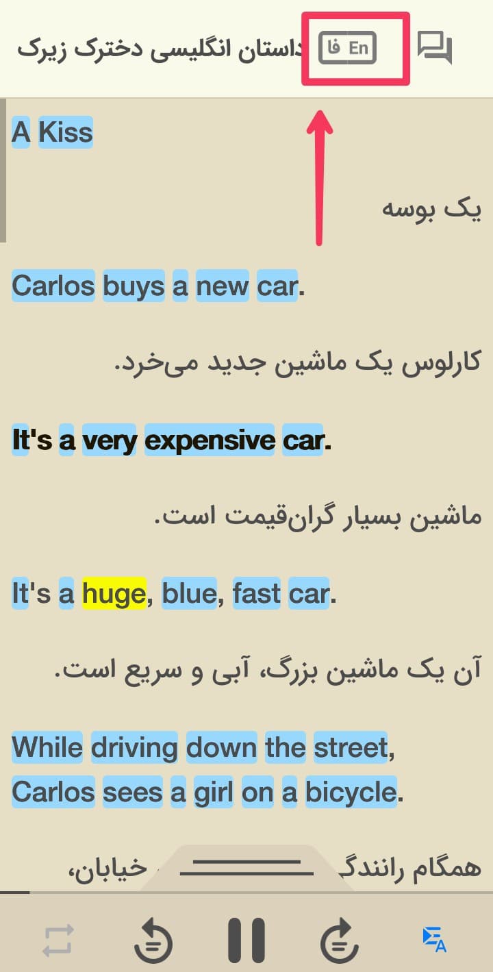 تصویری از نحوه غیرفعال کردن ترجمه در اپلیکیشن زبان‌شناس