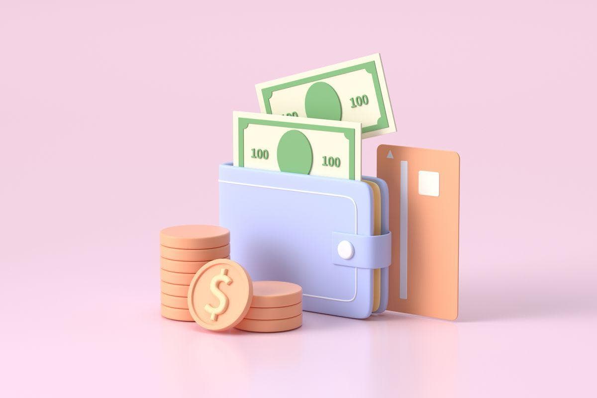 تصویری فانتزی از یک کیف پول با کارت بانکی، اسکناس و سکه