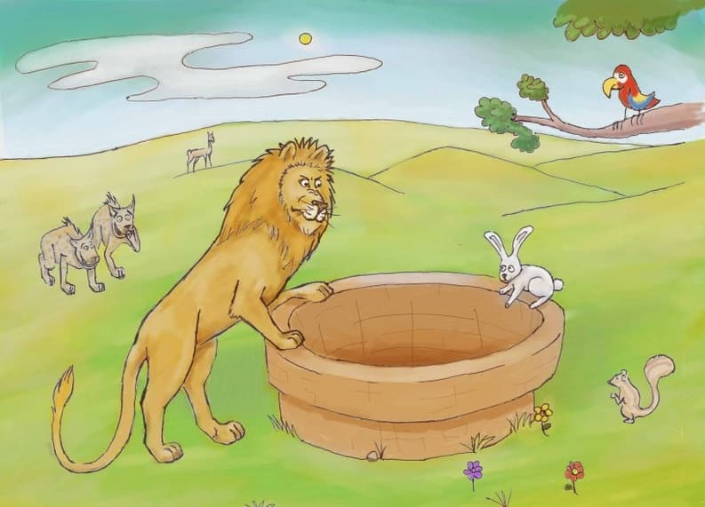 تصویری کارتونی از یک شیر و خرگوش که بر سر چاهی ایستاده‌اند