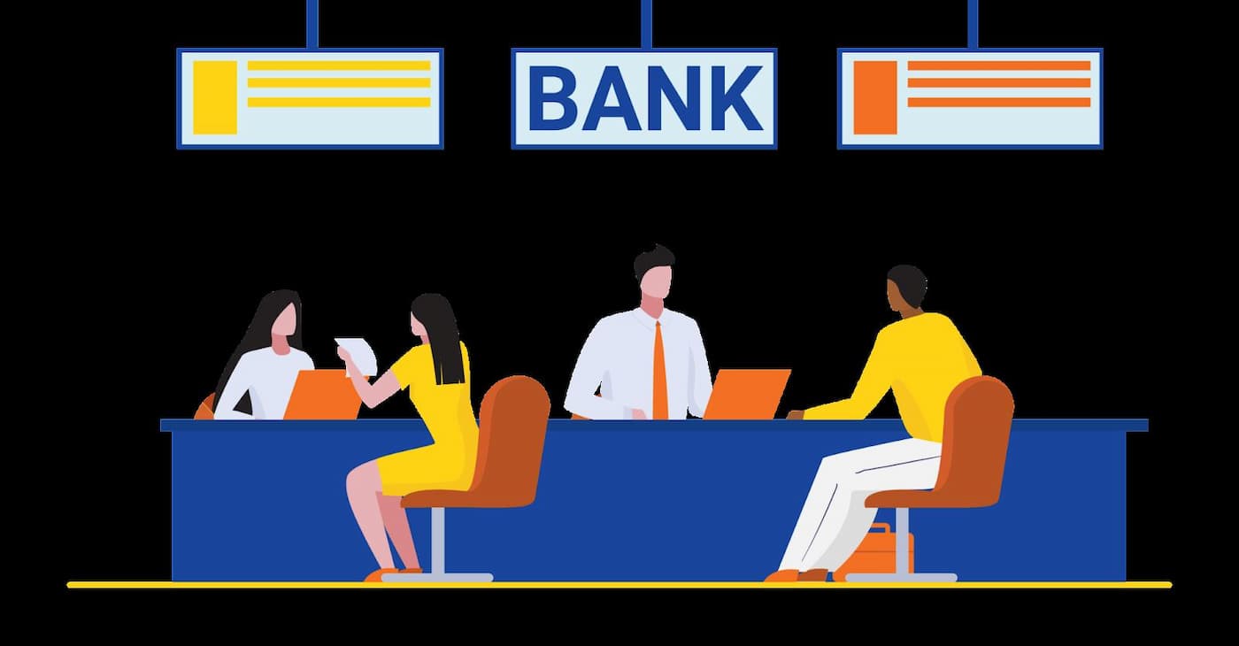 تصویر کارتنی از یک بانک با دو مشتری